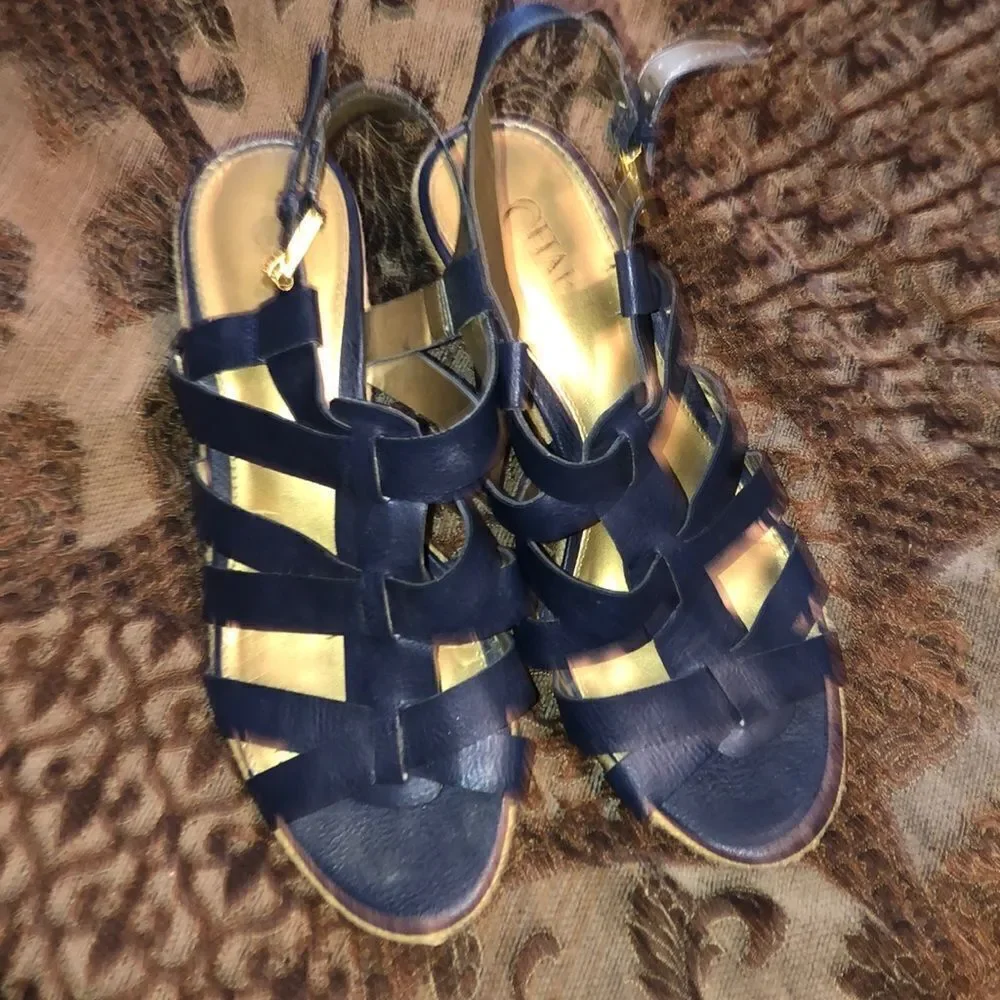Chaps size 8 M blue leather wedge sandals great